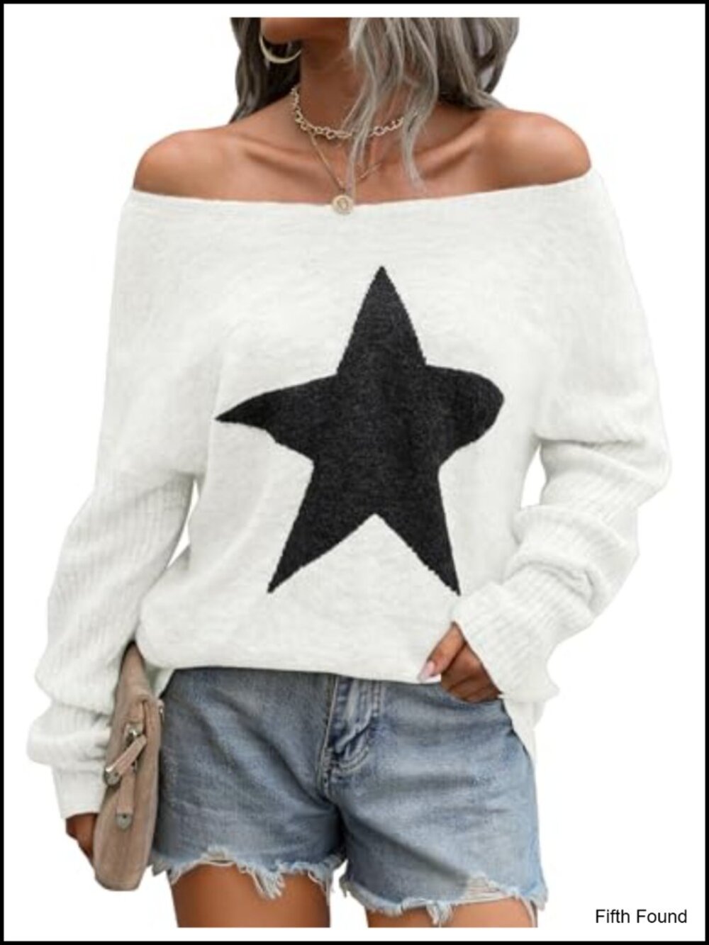 Blooming Jelly Womens Star Graphic Knit Pullover Sweater Off Shoulder Long